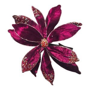 Red Velvet Wired Poinsettia Clip On Ornaments Sequins Beads Gold Piping 8”